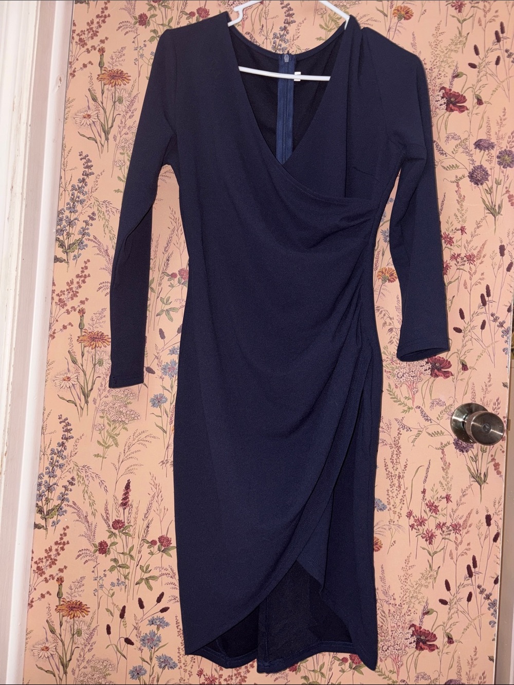 Elegant Navy Long-Sleeve Wrap Midi Dress